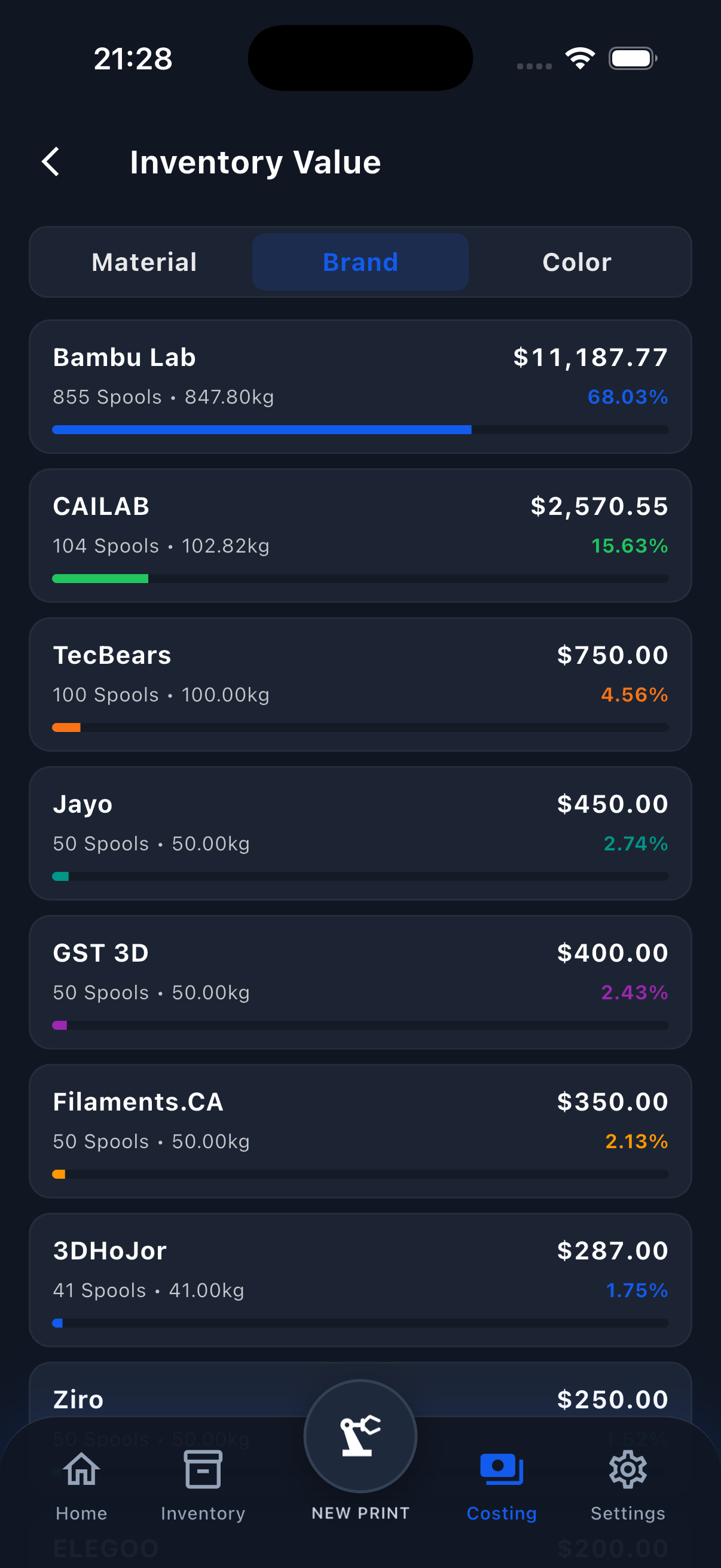Filament Genius mobile interface for filament and print cost analysis